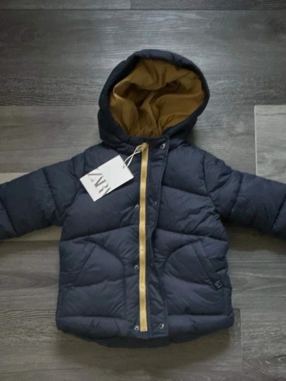 Zara Navy Puffer Jacket with Mustard Hood Lining